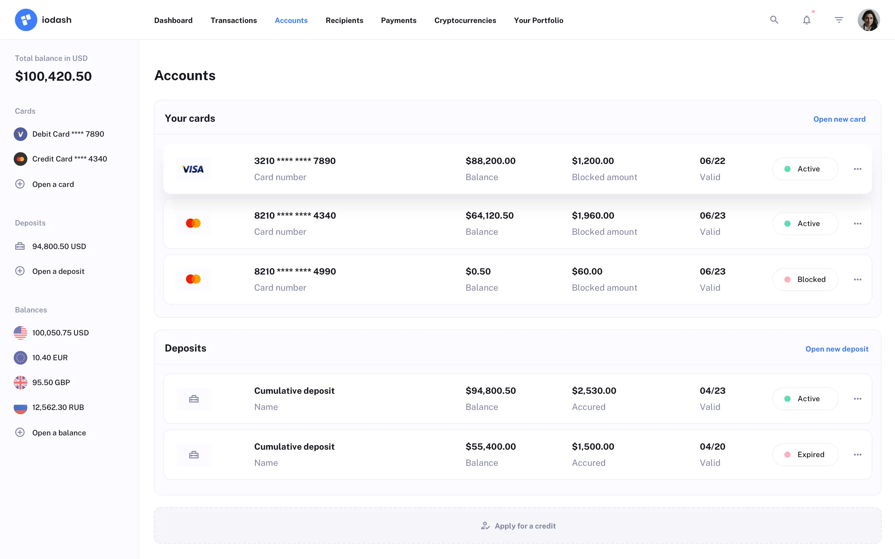 Banking Account Page Design