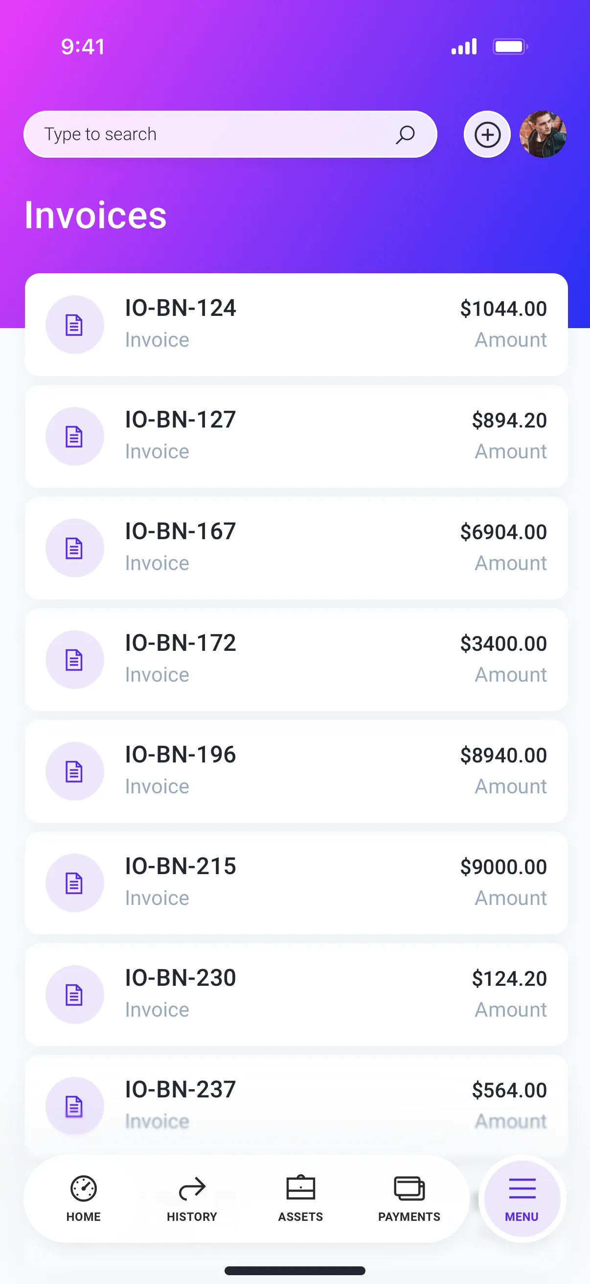 Invoices list design for mobile app