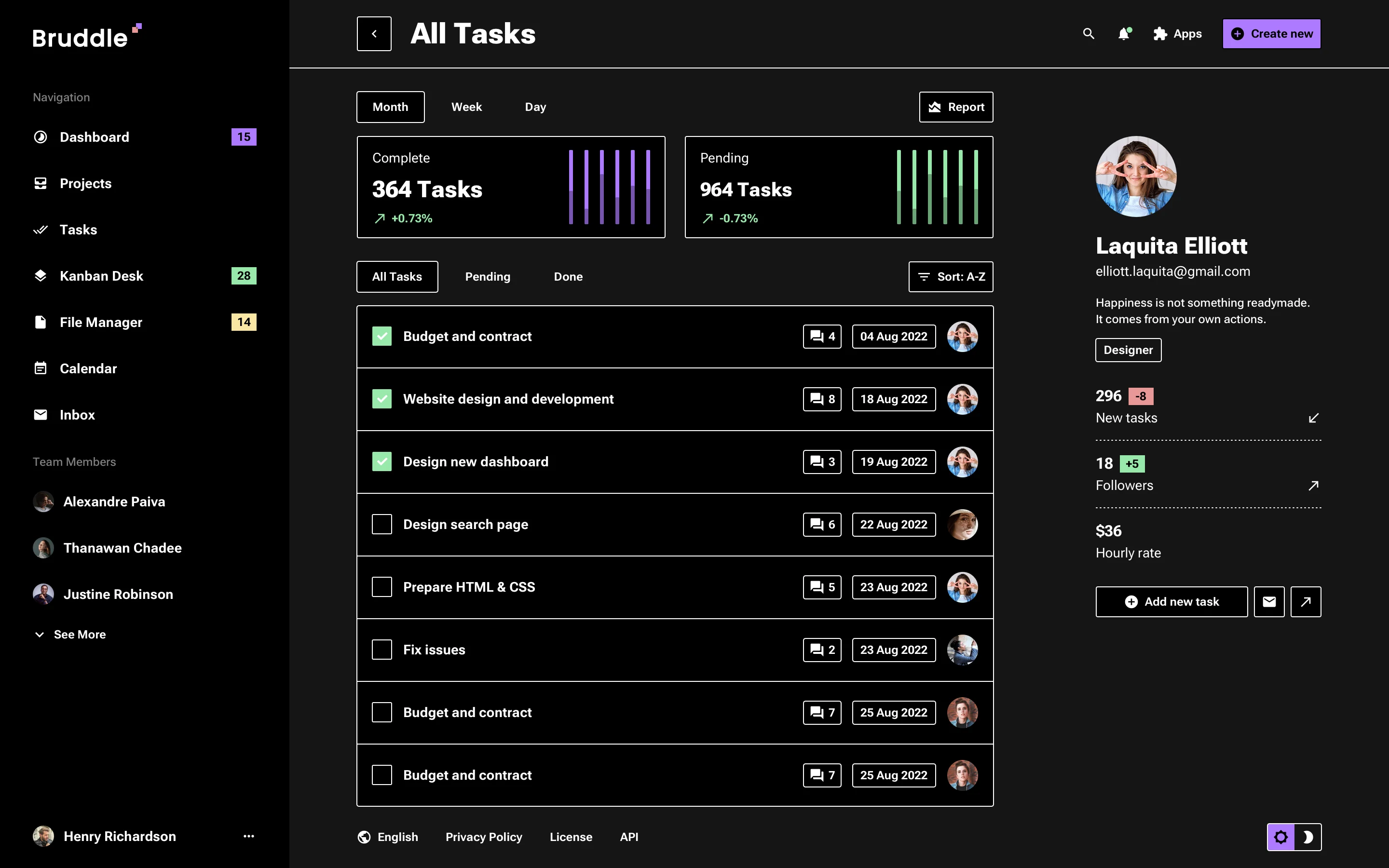 Dark UI design for user settings page