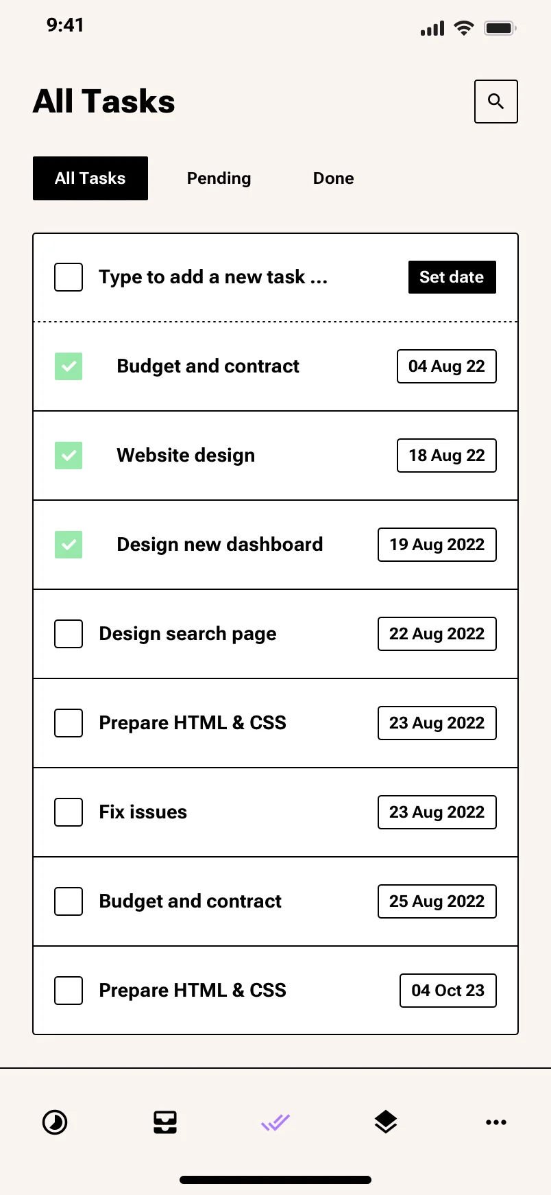Neo-brutalism mobile tasks list
