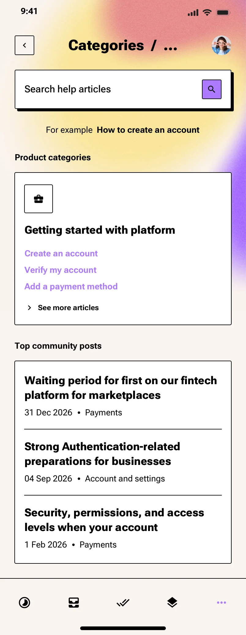Neo-brutalism help center mobile app design