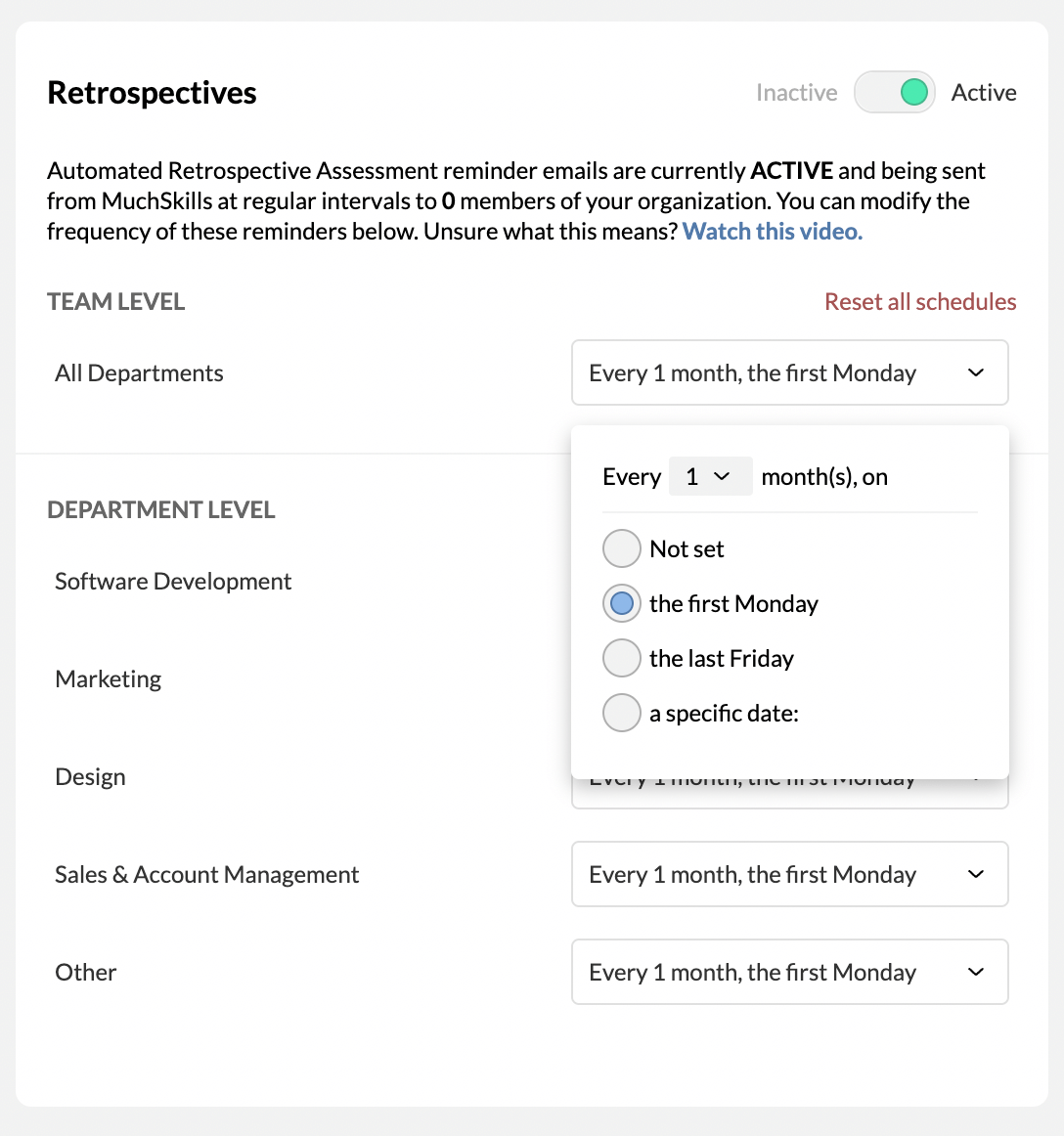 MuchSkills Skills Retrospectives Settings