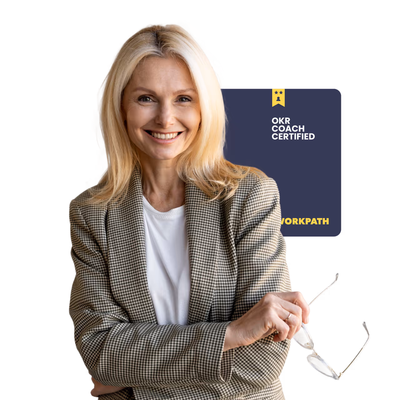 Eine Frau im Anzug mit dem Workpath OKR Certificate