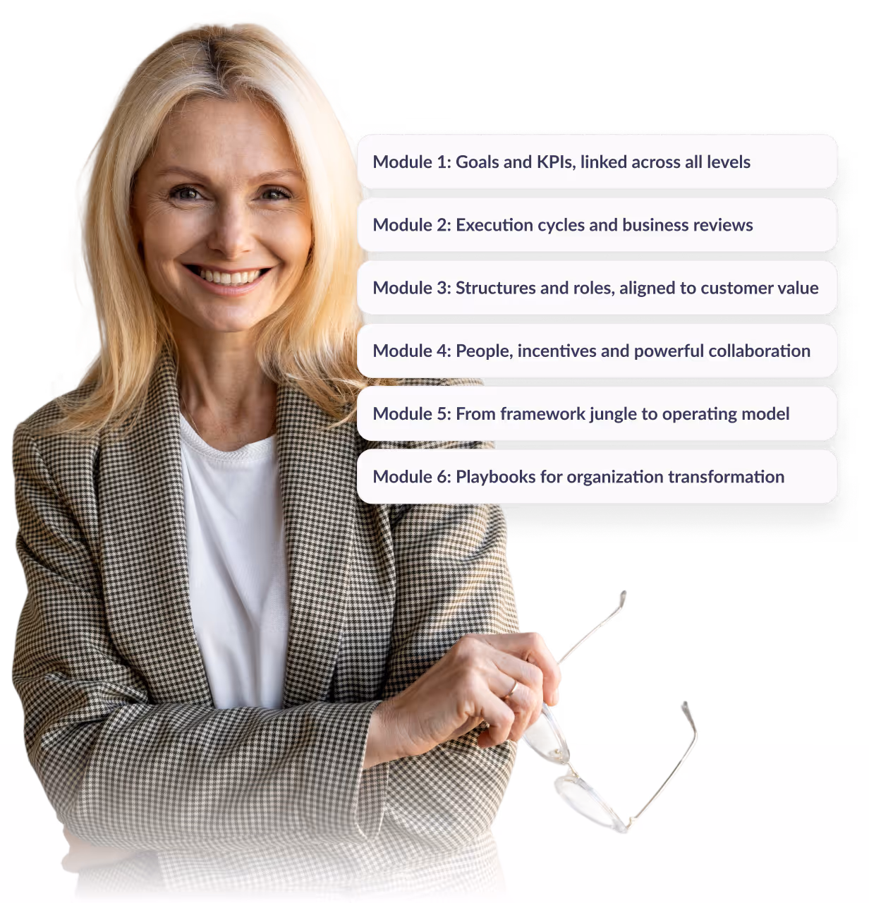 Eine Frau im Anzug mit dem Ablauf des Stratgy Curriculumns