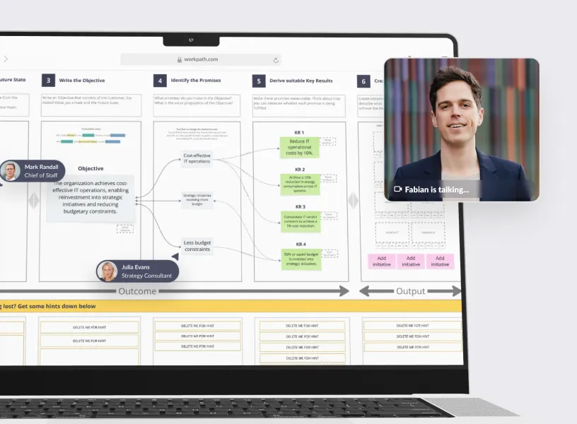 Laptop view of Workpath OKR software with strategic alignment visualization.