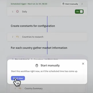 Example of starting an automated process manually within the Workpath platform.