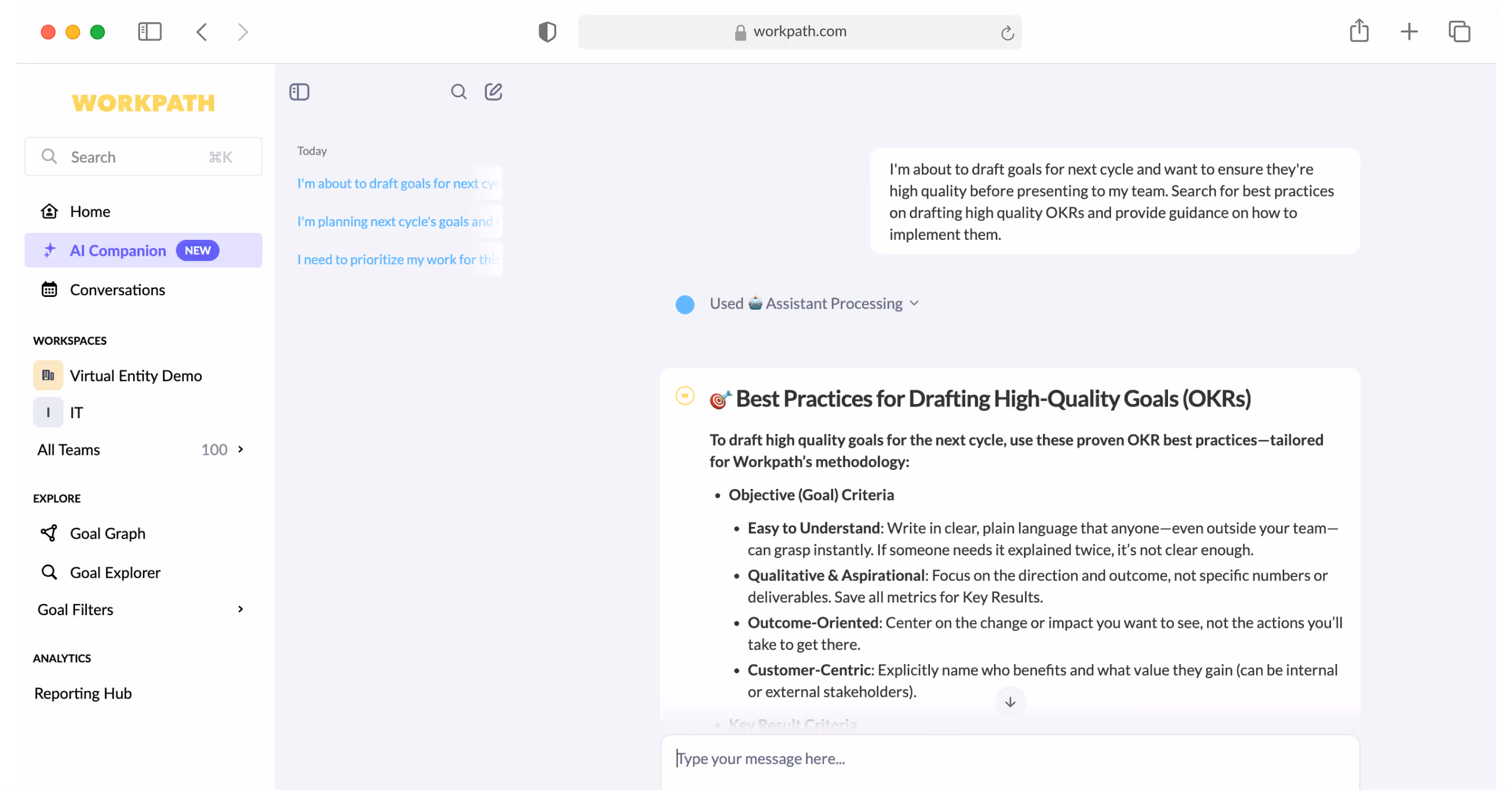 Screenshot of Workpath AI Companion interface showing a sidebar with workspace options and a conversation window displaying best practices for drafting high-quality OKRs.
