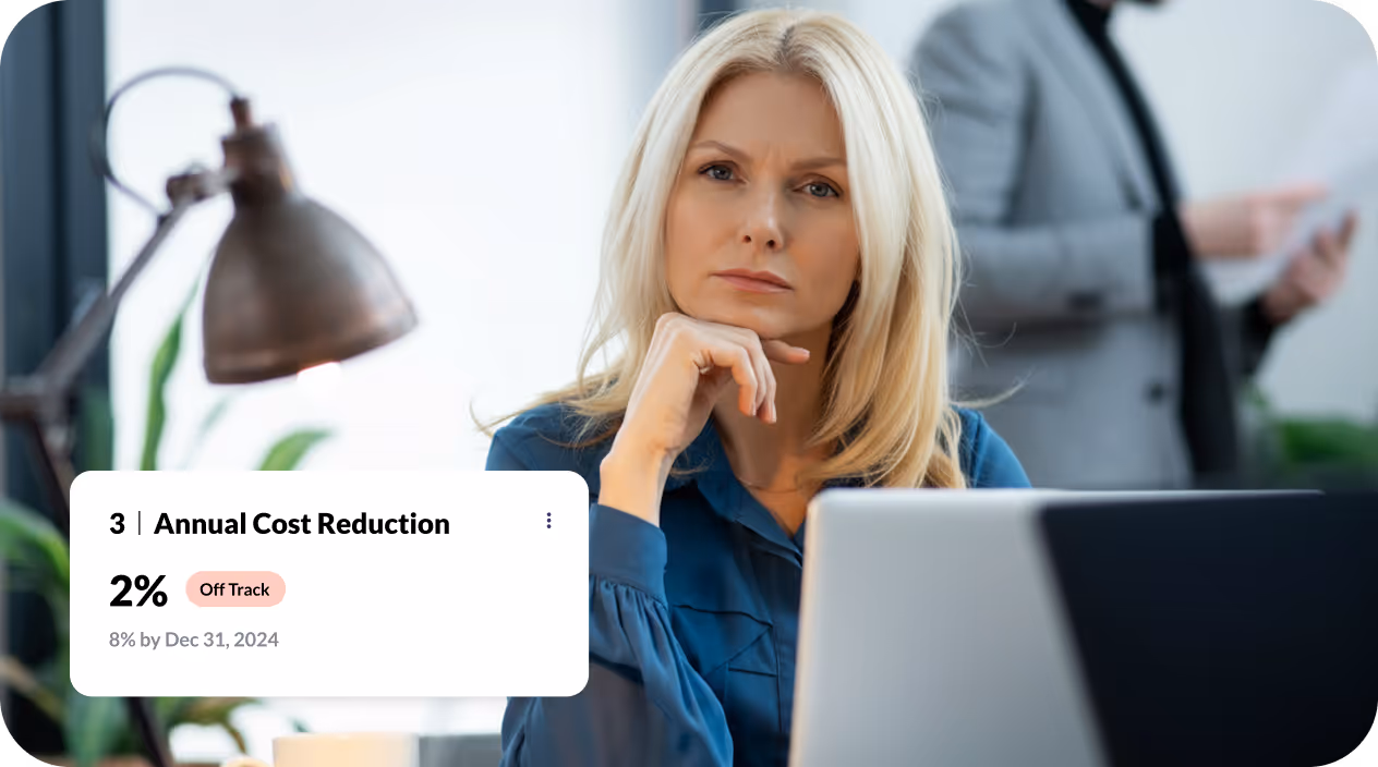 Blonde woman in blue blouse thoughtfully looking ahead, sitting at a laptop with overlay showing annual cost reduction progress at 2% off track.