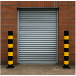 Closed gray metal rolling shutter door set in a brick wall with two black and yellow striped bollards on each side.