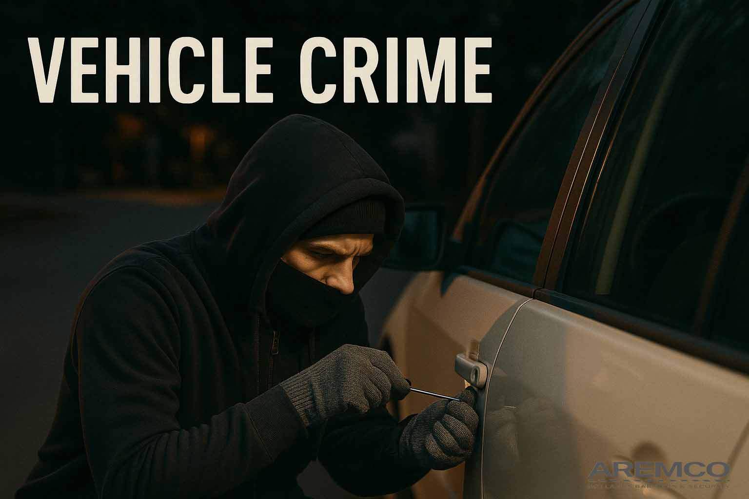 Hooded thief trying to force open a parked car door at night — vehicle crime.