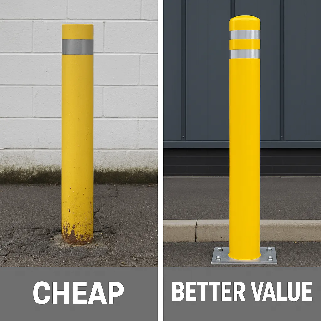 Comparison of a cheap rusting yellow bollard versus a durable, well-finished yellow security bollard labelled better value