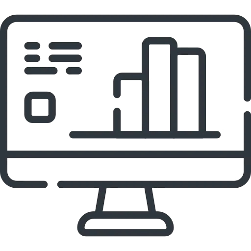 Icon of a computer monitor displaying a bar chart and data visualizations.