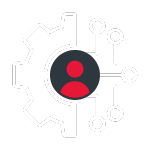 Icon of a red user avatar inside a gear outline connected to three circuit nodes, symbolizing user integration with technology.