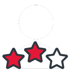 White user icon above three stars, two red and one white, representing a rating or skill level.