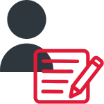 Icon of a person silhouette with a red notepad and pencil representing note-taking or writing.