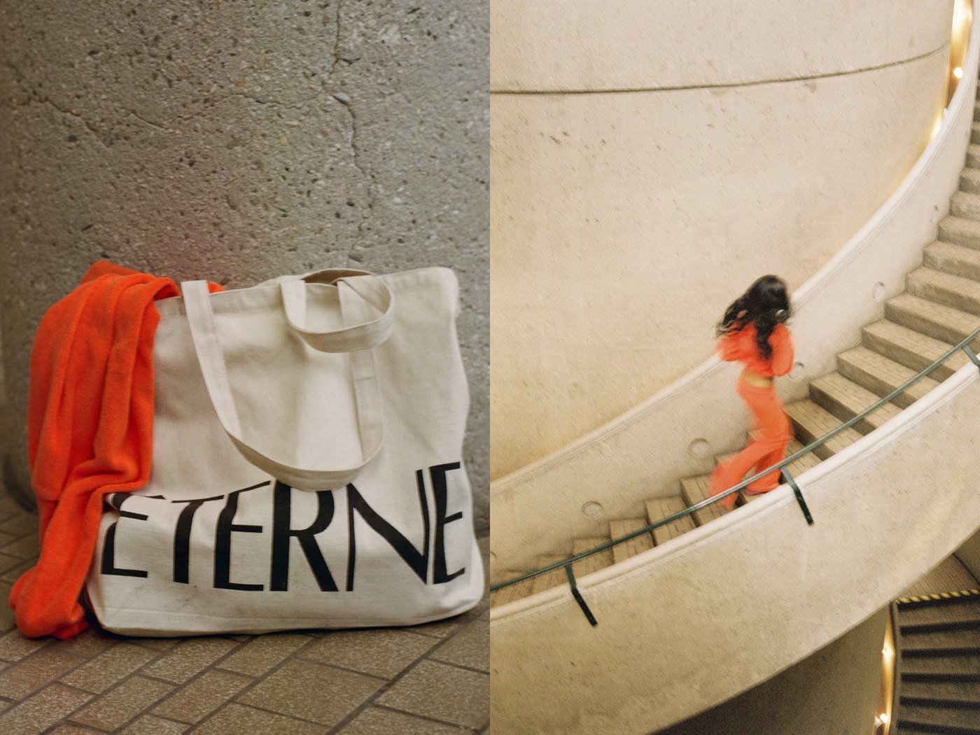 Éterne tote with an orange sweater beside a spiral staircase