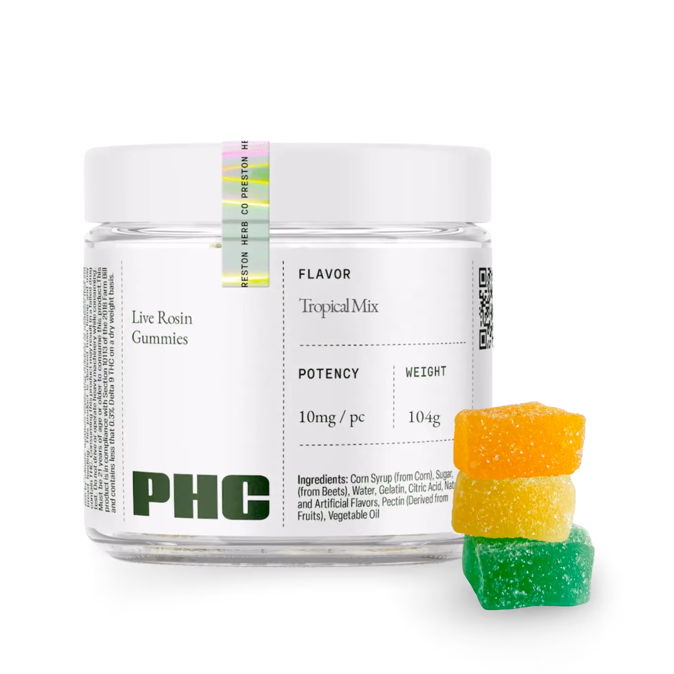 Jar of PHC Live Rosin Gummies with tropical mix flavor label and three sugar-coated gummies stacked beside it in orange, yellow, and green colors.
