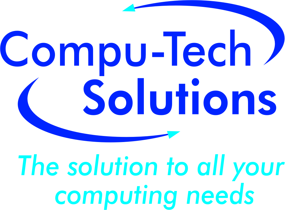 Compu-Tech Solutions logo with blue text and two curved arrows, tagline reads The solution to all your computing needs.