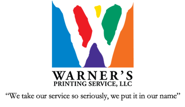Colorful stylized W logo with red, yellow, green, purple, blue, and orange sections, above text Warner's Printing Service, LLC.