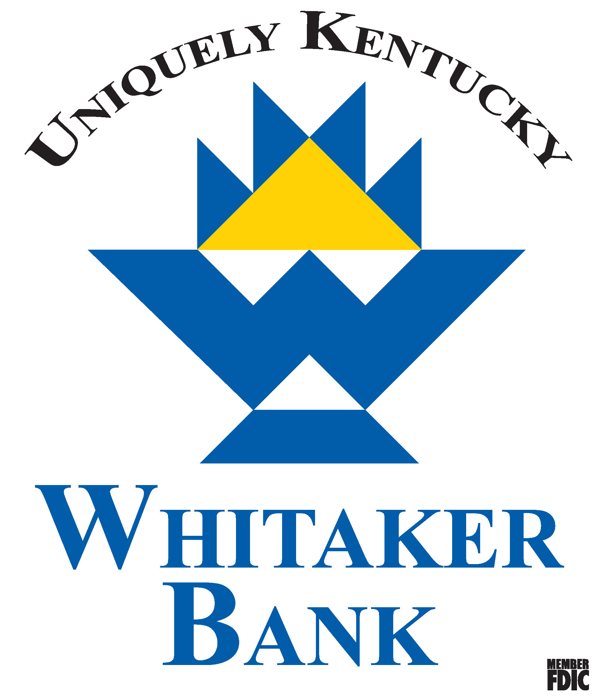 Whitaker Bank logo with blue geometric shapes forming a crown and yellow triangle, with text 'Uniquely Kentucky' above and 'Whitaker Bank' below in blue.