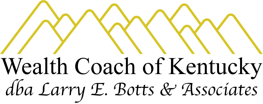 Yellow outline of mountain peaks above the text 'Wealth Coach of KY' in black.