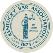 Seal of the Kentucky Bar Association featuring Lady Justice holding scales with the motto 'Lex Ordo Justicia' and the year 1871.
