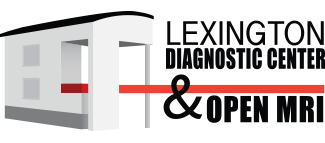 Stylized 3D building icon with red horizontal bar and text 'Lexington Diagnostic Center & Open MRI'.