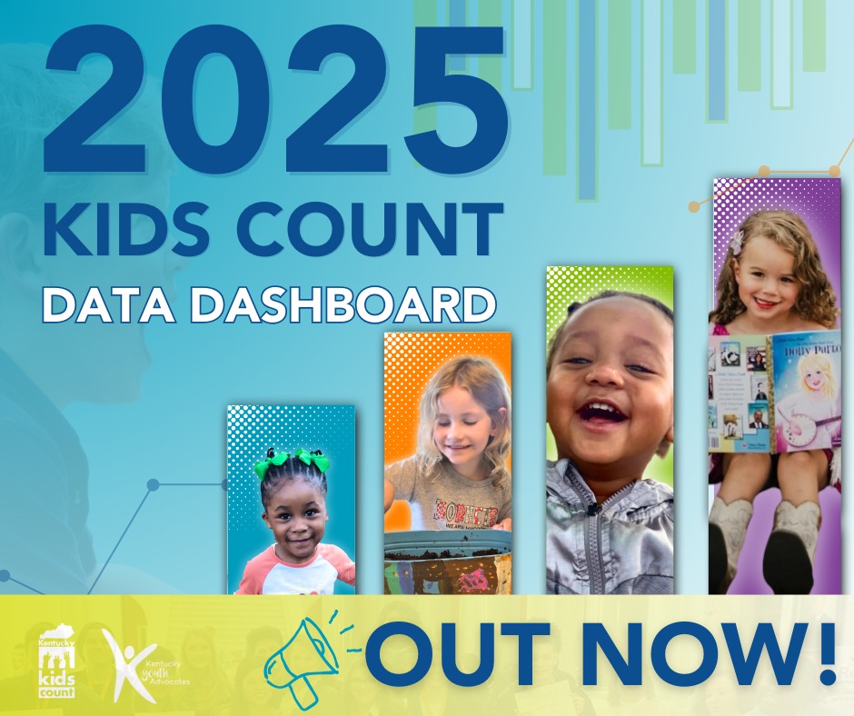 2025 Kids Count Data Dashboard announcement with images of four smiling children in colorful bar chart graphics and 'Out Now!' text.