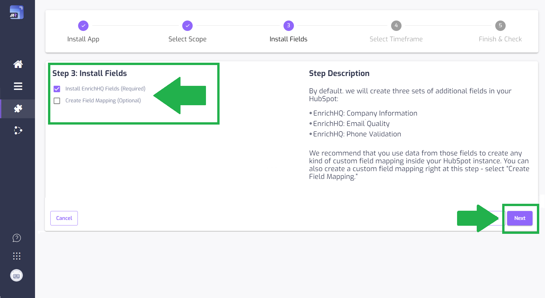 Step 3: Installing EnrichHQ fields (HubSpot Enrichment)