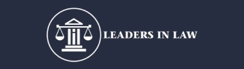 White scales of justice and courthouse icon next to the text 'LEADERS IN LAW' on a dark blue background.