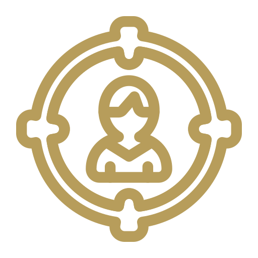 Icon of a person centered in a target crosshair representing target audience or user focus.