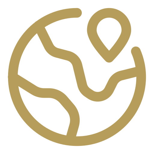 Outline of a globe with a location pin marking a spot on the map.