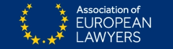 Logo of the Association of European Lawyers with a circular arrangement of yellow stars and text on blue background.