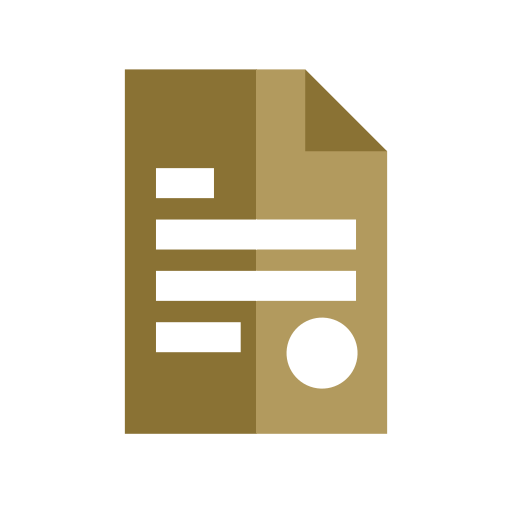 Icon of a brown document with text lines and a circular seal on a white circular background.