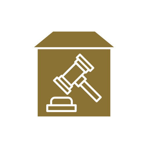 White gavel striking a sound block inside a brown house-shaped outline on a white circular background.