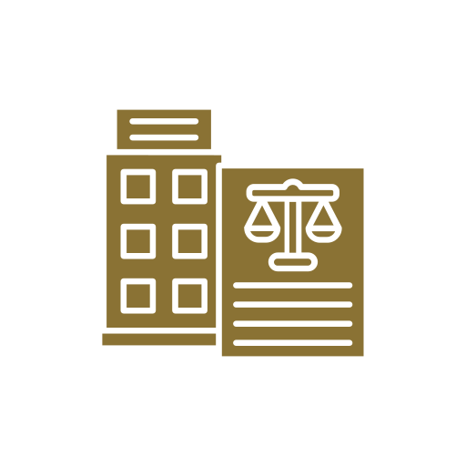 Icon of a building next to a document featuring a scales of justice symbol and lines representing text.