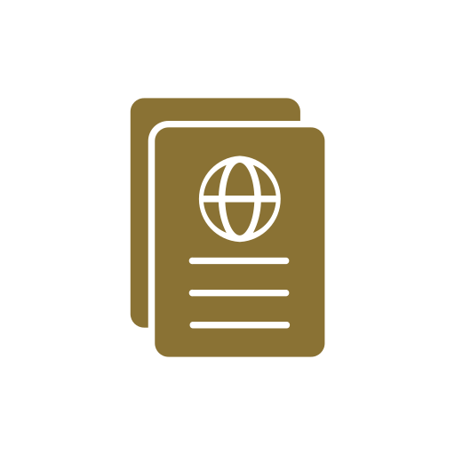 Icon showing two overlapping passports with a globe symbol and horizontal lines representing text.