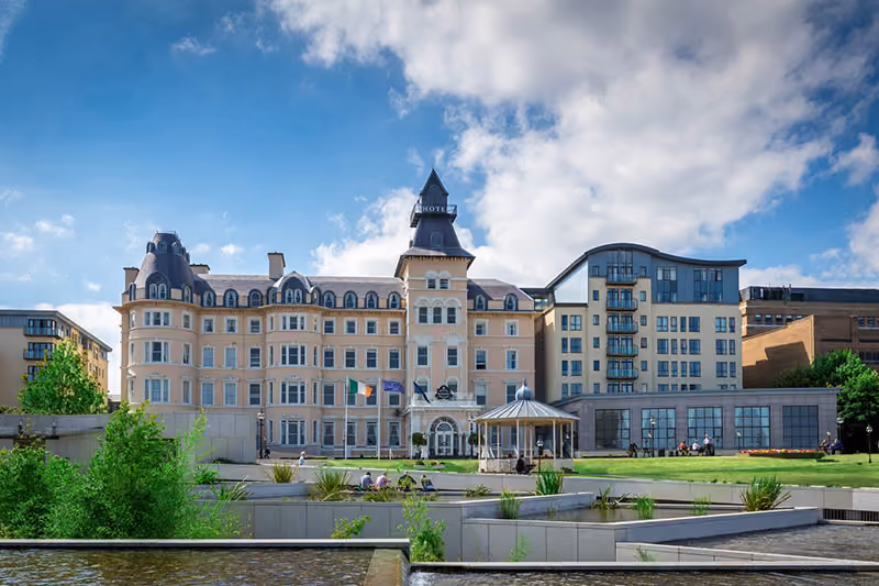 The Royal Marine hotel on a sunny summers day, located in the heart of Dun Laoghaire town with views of Dun Laoghaire Harbour and Dublin Bay