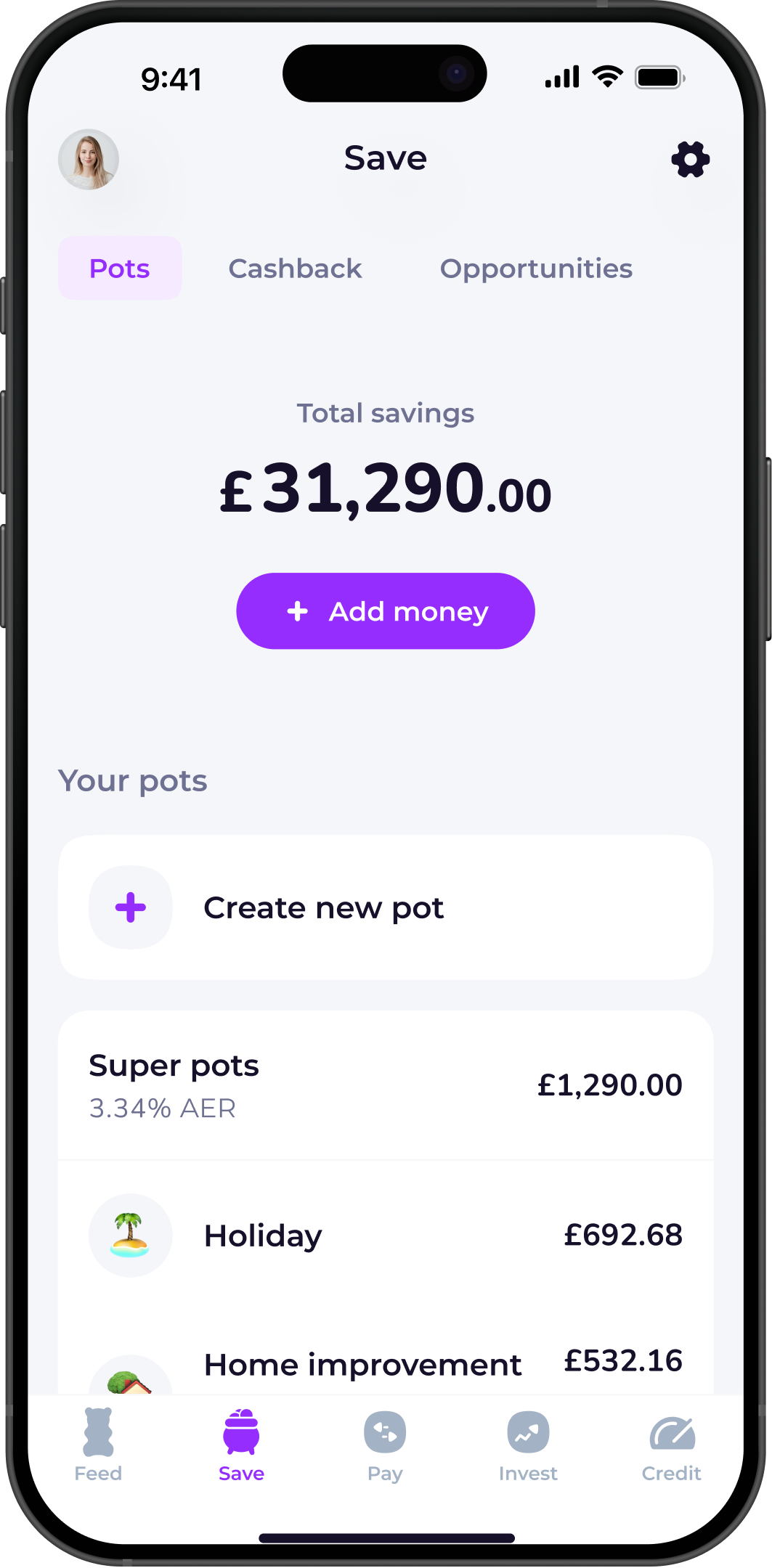 Emma app showing savings pots with interest rates and total balance saved