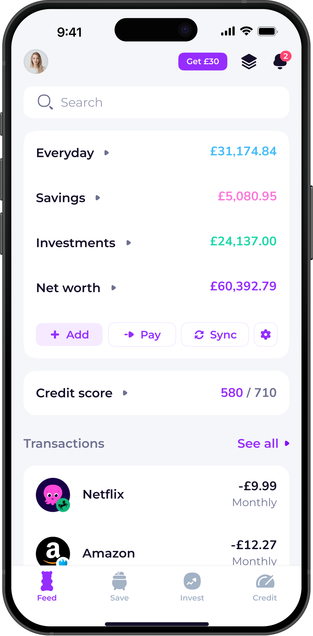 Emma app home screen showing credit score, savings, and spending insights