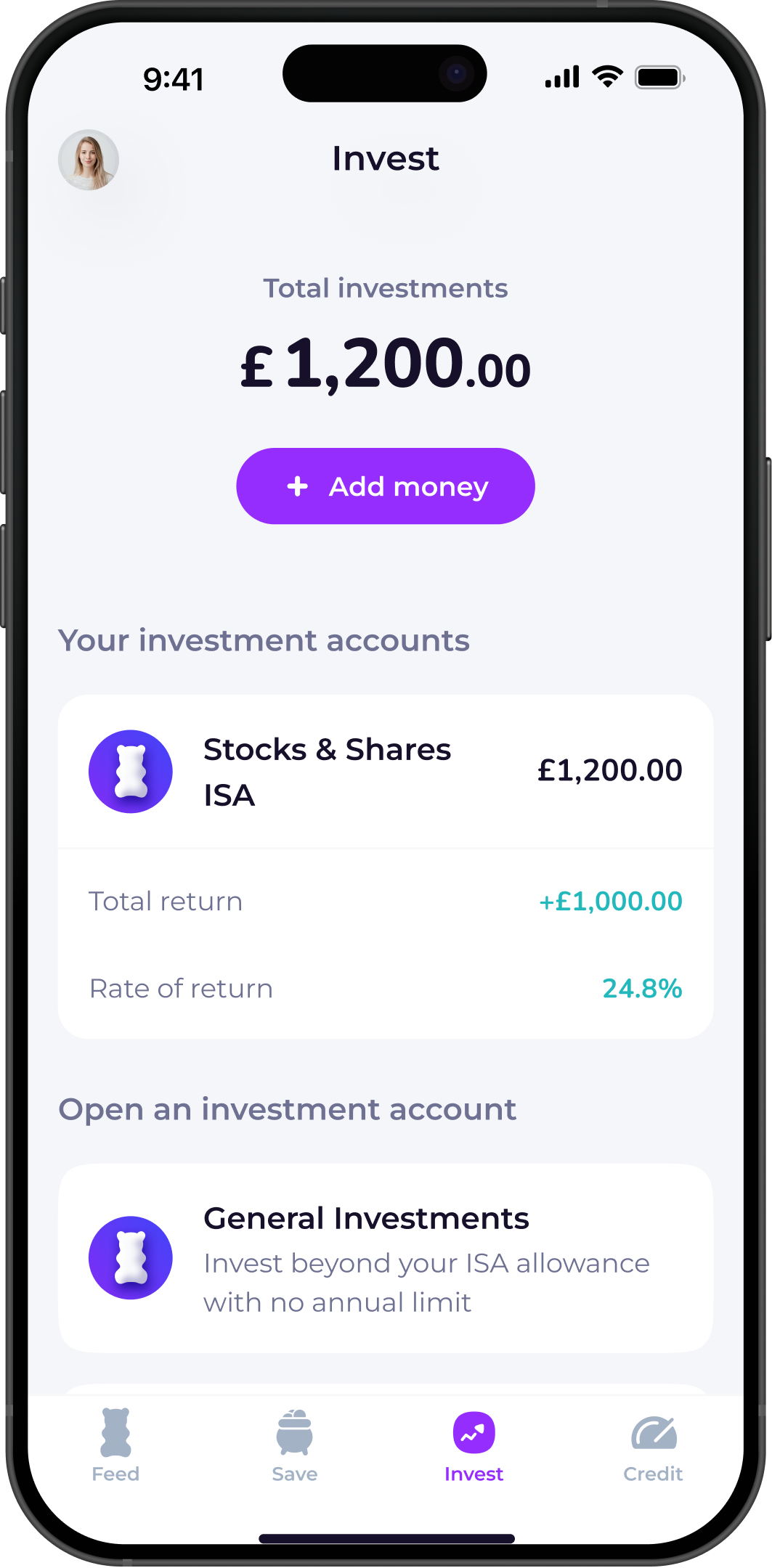 Mobile app screen showing investment summary with total investments of £1,200.00 and an option to add money. It lists one investment account: Stocks & Shares ISA with £1,200.00 invested, a total return of +£1,000.00, and a rate of return of 24.8%. Below is an option to open a General Investments account to invest beyond ISA allowance with no annual limit. Navigation bar at the bottom highlights the Invest tab in purple.