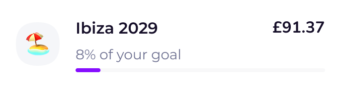 Ibiza 2029 pot with £91.37 saved, 8% of the goal