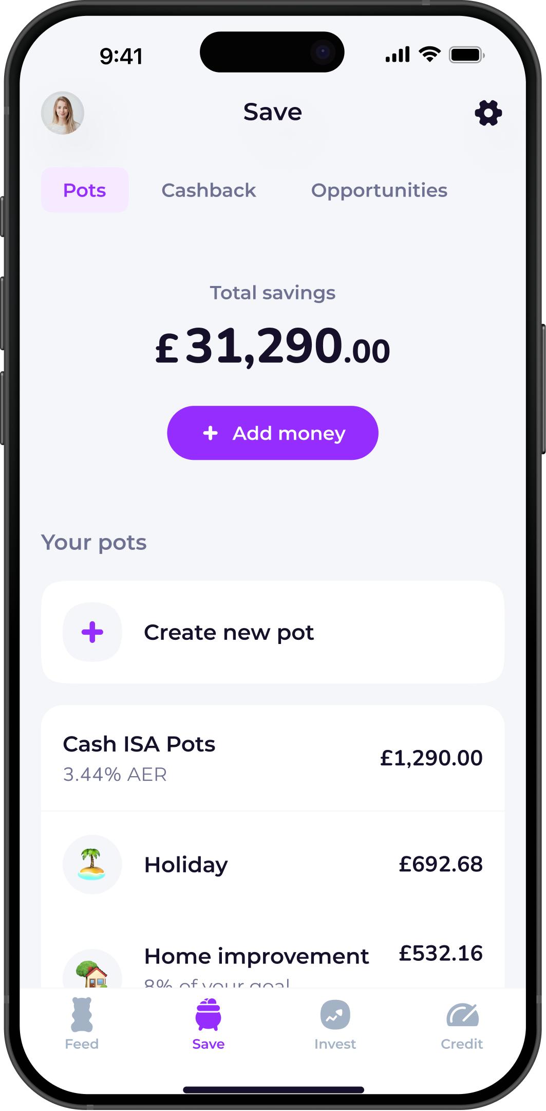 Emma app showing savings pots with interest rates and total balance saved