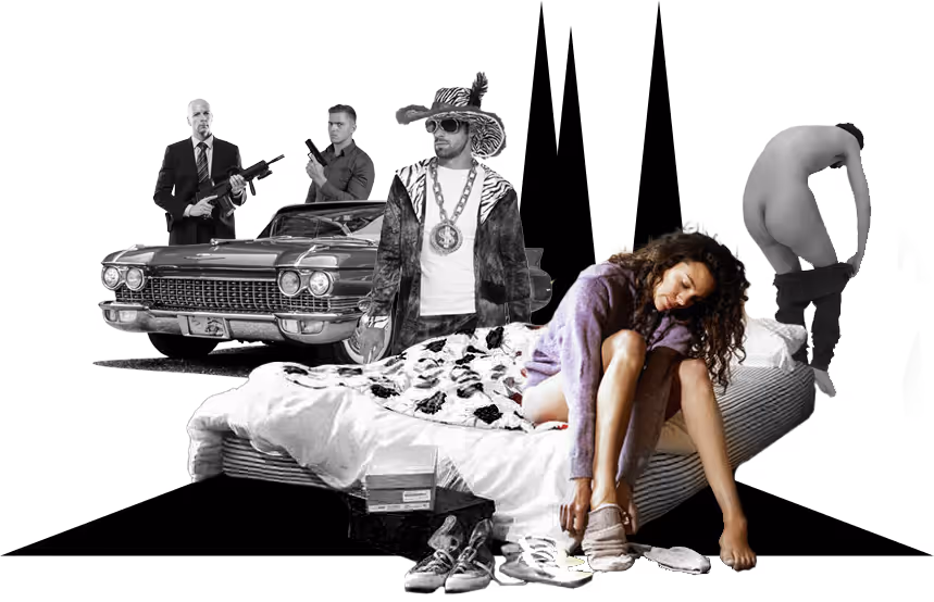 Ett collage av bilder som visar en kvinna i prostitution