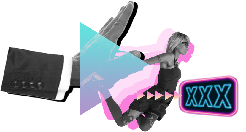 Collage of a person in a black suit with hand raised facing a woman in a black dress suspended in mid-air with 'XXX' in neon letters.