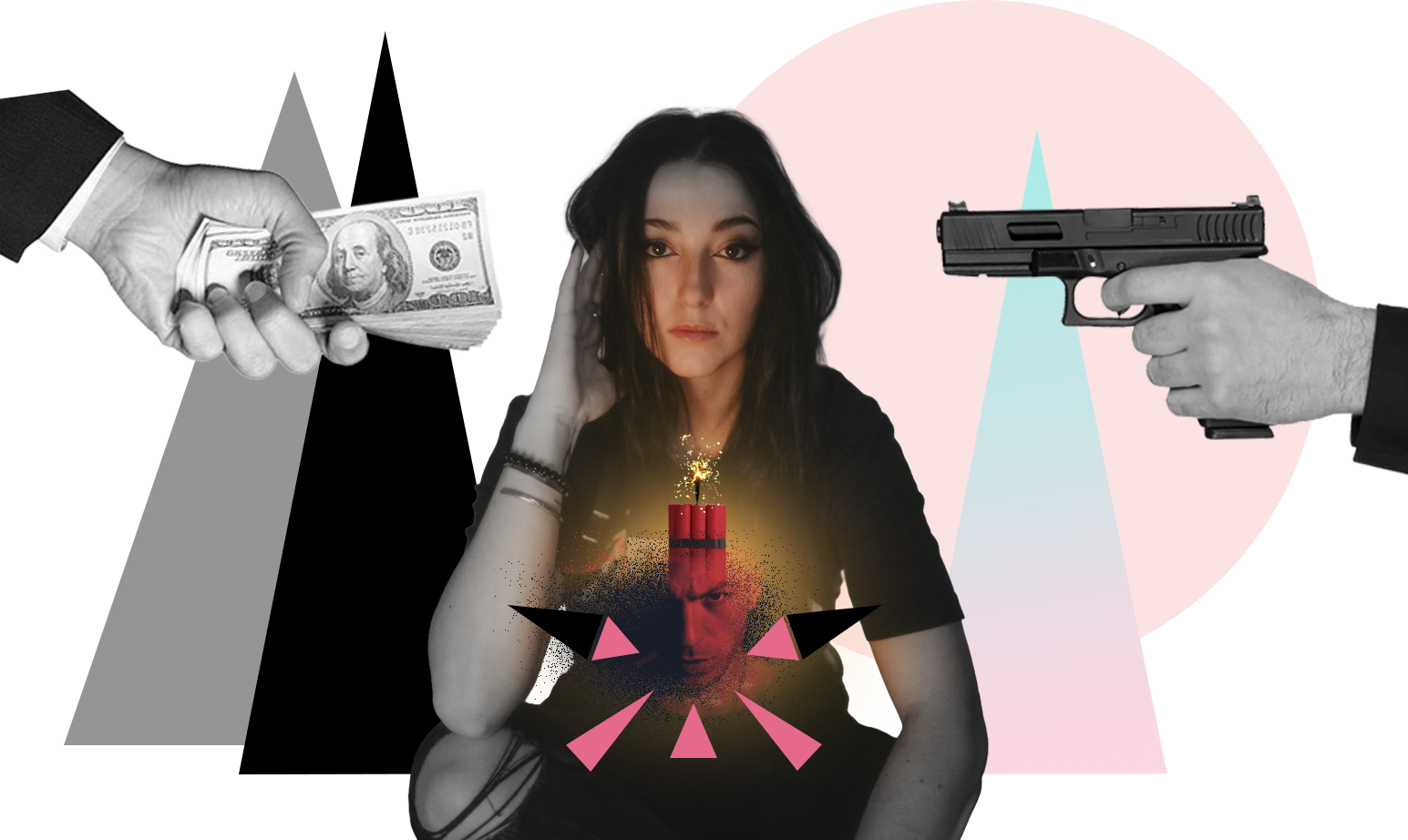Woman sitting with a serious expression, a lit dynamite graphic with a man's face over her torso, a hand holding money on the left, and a hand pointing a gun on the right against abstract colored backgrounds.