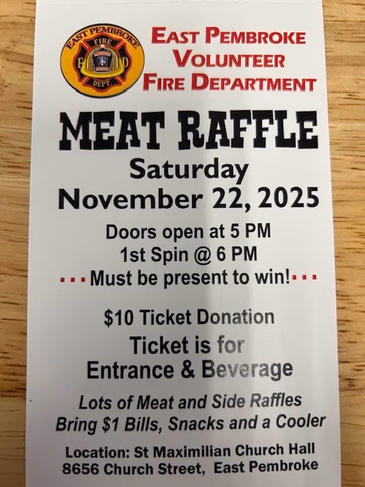 East Pembroke Volunteer Fire Department meat raffle flyer.