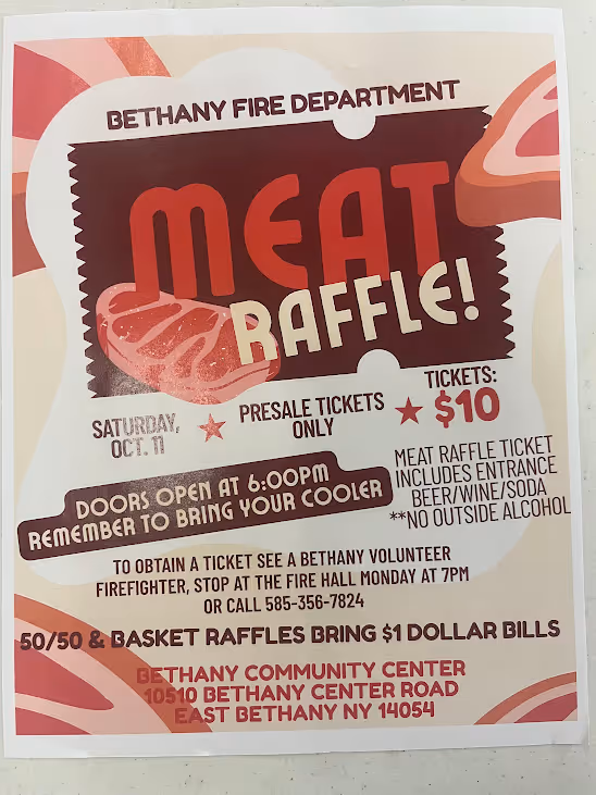 Bethany Fire Department meat raffle flyer.