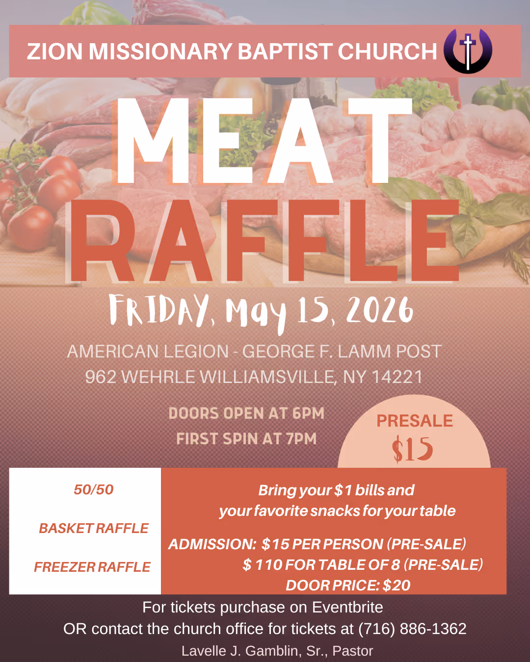 Zion Missionary Baptist Church meat raffle flyer.
