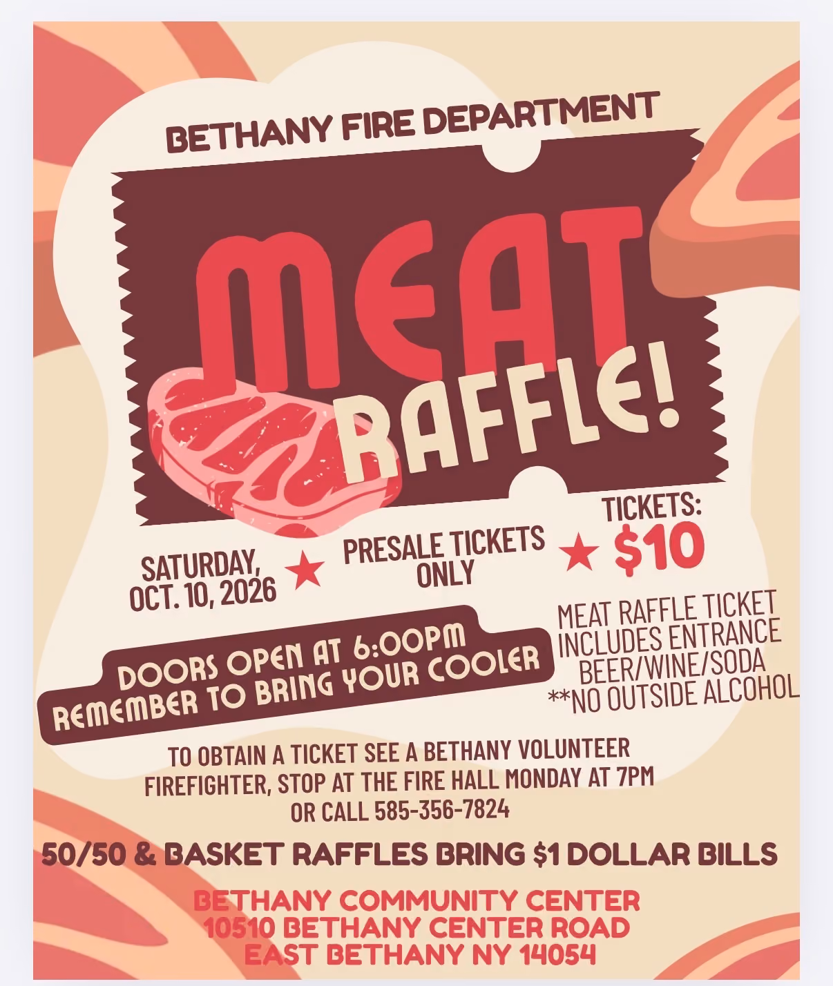 Bethany Fire Department meat raffle flyer.